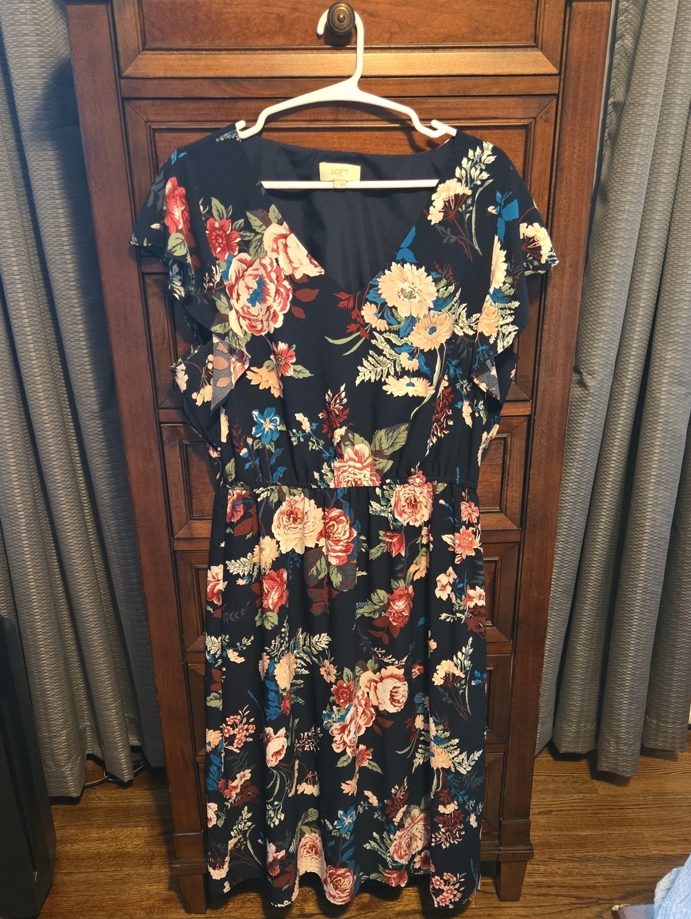 LOFT Navy Floral Midi Dress with Flutter Sleeves